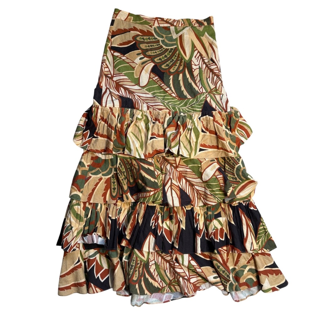 Zara Tropical Print Tiered Linen Blend Maxi Skirt Green Tan Small 7913/053 - Picture 3 of 9